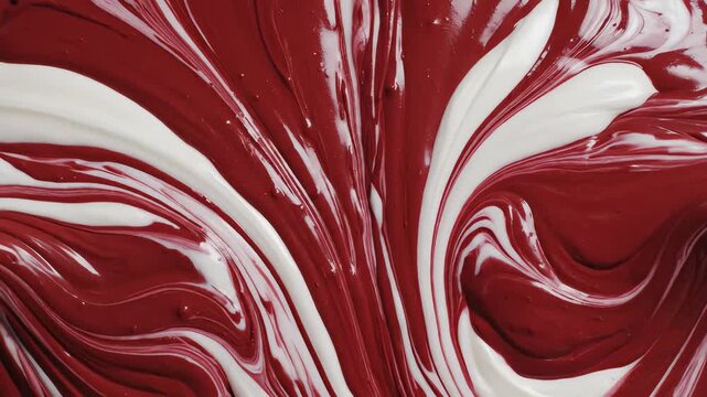 Seamless looping abstract motion graphic featuring rich red batter dynamically swirling and blending with thick white cream cheese filling components concept, creamy, seamless looping