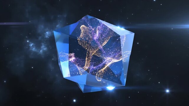 Seamless looping abstract motion graphic of a stylized ethereal crystal structure spinning slowly while glittering particles infinitely cycle through its chambers crystal structure, minimal, modern