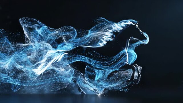 Seamless looping abstract motion graphic of a powerful equine silhouette mid-jump surrounded by energetic flowing blue and white digital particle trails trails, effort, training