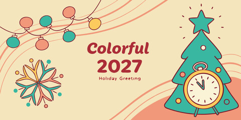 Fototapeta premium Colorful 2027 Holiday Greeting Card – Stylized Tree with Clock, Ornaments, Snowflakes & Flowing Pastel Background