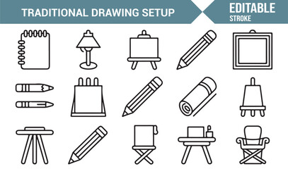 Obraz premium Classic drawing and artist equipment vector icon set