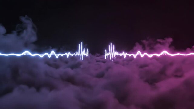 Seamless looping abstract visualization of oscillating digital sound waves rendered in glowing electric blue and pink neon moving through thick billowing smoke creative asset, streaming platform