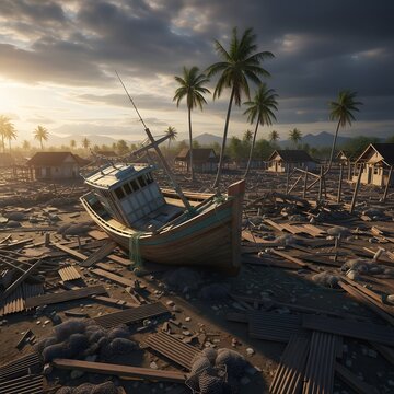 Wrecked fishing boat on a debris-strewn beach, a scene of coastal devastation after a powerful tsunami.
