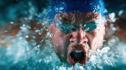 Fototapeta premium A determined swimmer propels through the water with intense focus, showcasing the thrill of competition, strength, and determination in a dynamic aquatic environment.
