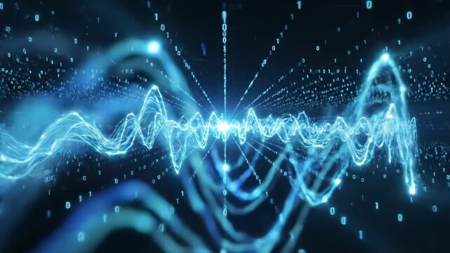 Glowing blue waveform with binary code on a dark background representing data and technology 4k video