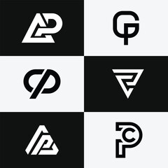 Collection of six modern minimalist abstract letter C and P logo designs perfect for business branding