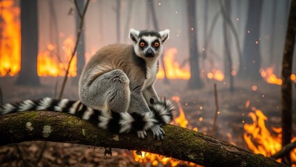 Naklejka premium Ring-tailed lemur in a burning forest, a poignant symbol of climate change and habitat loss.