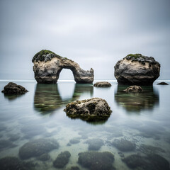 Coastal Rock Formations in Calm Shallow Sea
