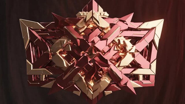 Seamless looping animation of aggressive red geometric shards rapidly assembling and dissolving into a complex three dimensional royal pattern aggressive, rapidly, intricate