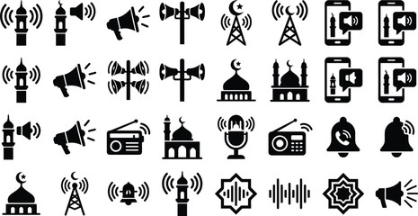A collection of islamic call to prayer and communication icons set