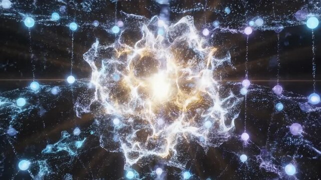 Seamless looping animation of evolving molecular structures simulating complex algorithmic processing by next generation quantum technology analysis, complex, conceptual