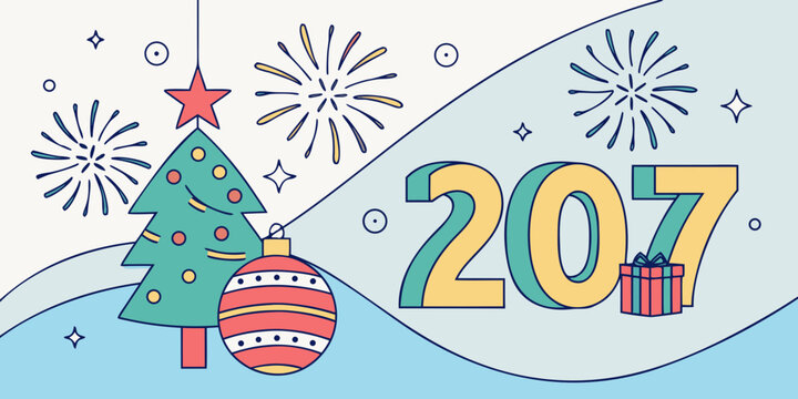 207 Holiday Greeting Card &ndash; Christmas Tree, Ornament, Fireworks & Gift Box on Wavy Blue-White Background