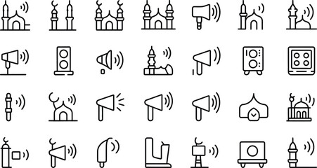 A collection of line icons representing mosques and sound amplification for the call to prayer © RaselCreativeWorks