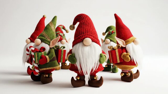 Seamless looping animation of stylized Christmas gnomes and elves rotating slowly across an endless clean white studio background stylized, design, slowly