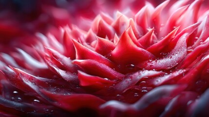 A stunning close-up of a vibrant red flower showcasing intricate petal designs accentuated by glistening dew, embodying beauty and nature's artistry.