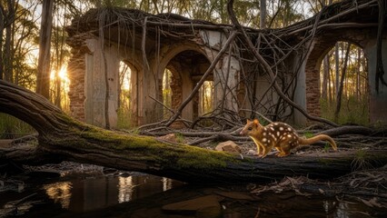 Spotted Quoll Resting on a Fallen Log in Ancient Jungle Ruins at Sunset.