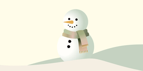 Soft pastel illustration of a snowman standing in a calm winter landscape with gentle hills. Ideal for holiday banners, winter postcards, seasonal websites, cozy backgrounds, Christmas storytelling