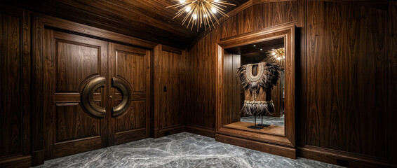 Dark Wood Hallway Background with Custom Double Doors Starburst Lights and Display Niche 