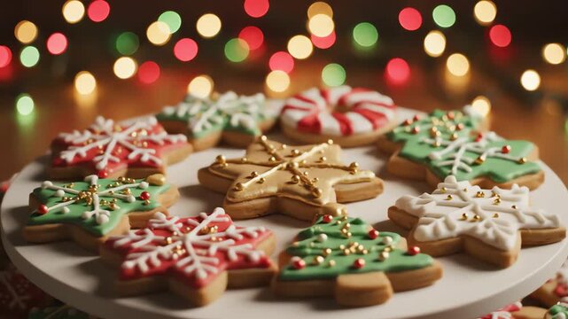 Seamless looping animation of various geometrically shaped holiday sugar cookies gently rotating in a perfect circle against a soft bokeh background motiongraphics, circular, smoothmovement
