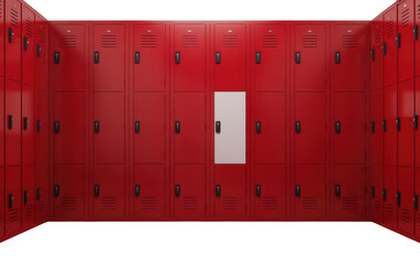 Fototapeta premium Red school lockers with one white locker isolated on a transparent background metal