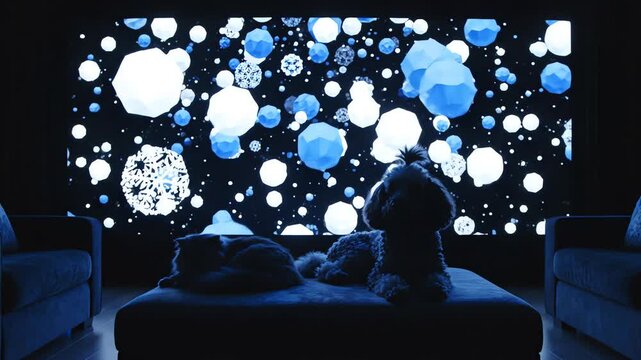 Seamless looping animation of white and blue geometric snowfall patterns displayed on a massive home theater screen with the silhouettes of resting pets in the foreground high contrast, domestic