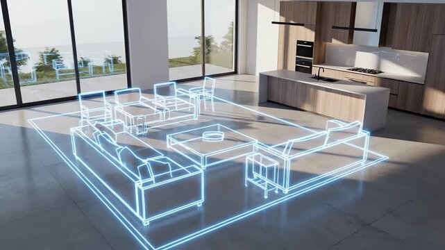 Seamless looping animation showcasing abstract geometric lines outlining the schematic furniture layout within a bright empty residential interior network, minimalism, showcasing