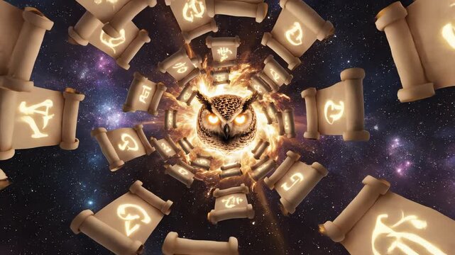 Seamless looping animation showing abstract knowledge scrolls forming around a glowing, stylized light representing the wisdom of an owl abstract, background, forming around a glowing