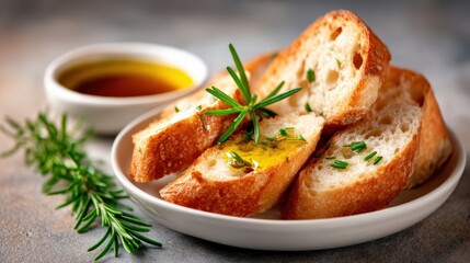 A delectable composition featuring freshly baked bread drizzled with olive oil, herbs finely placed, perfect for a culinary delight celebrating the essence of Mediterranean cuisine.
