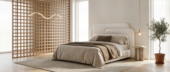 Interior Contemporary Bedroom with Grid Screen Divider Curved Headboard and Pendant Lamp