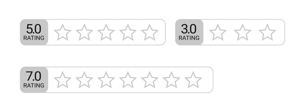 Gray outline star rating systems with numerical scores 5 star 3 star and 7 star On Transparent Background
