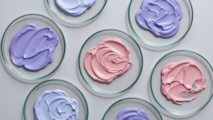 Pastel shades of cream in petri dishes for cosmetic research and beauty product development concept