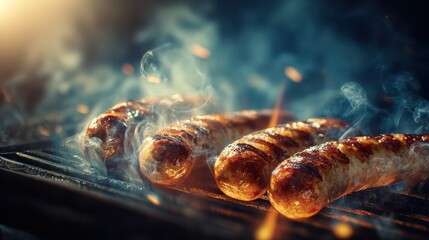 national sausage month grilled sausages sizzling on barbecue grill with smoke rising