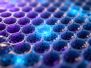 Macro 3D render of glowing hexagonal cells with translucent membrane and blue violet light, evoking biomaterial, nanotechnology, and futuristic texture for science, medicine, and technology.