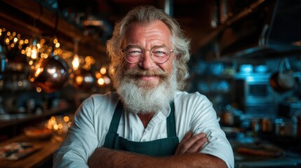 A cheerful, bearded chef stands confidently in a warmly lit kitchen, reflecting a passion for culinary arts and the inviting atmosphere of his craft and hospitality.