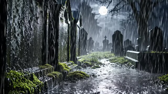 Seamless looping heavy rain falling on generic moss-covered stone crypts within a dimly lit, atmospheric, abandoned graveyard at midnight looping, thunderstorm, moody