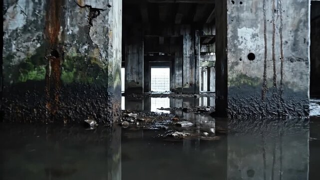 Seamless looping grungy texture video of damp concrete pillars and walls reflected perfectly in the still standing water of a completely dark and derelict industrial basement moody, still, gloom