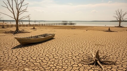 Dry cracked earth with an old wooden boat and dead trees under a vast sky, symbolizing drought and environmental crisis.