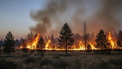 Forest Fire Raging Through Pine Trees at Dusk.