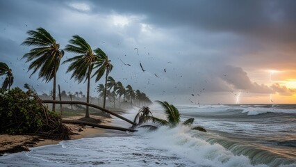 Hurricane approaching a tropical beach with strong winds and crashing waves at sunset.