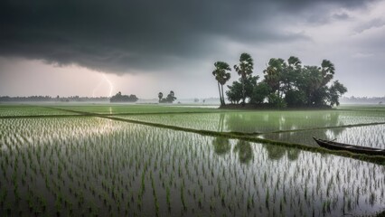 Lush Green Rice Paddy Fields Under a Dramatic Cloudy Sky in Rural Asia.