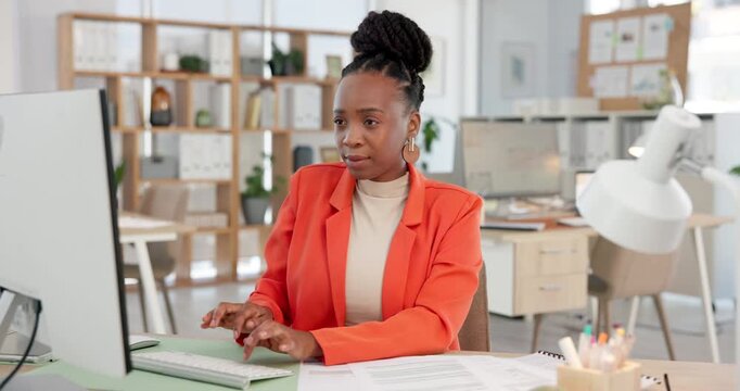 Computer, typing and black woman in office for business, coverage report or reading documents. Technology, insurance broker or person in company with paperwork, review policy or risk assessment email