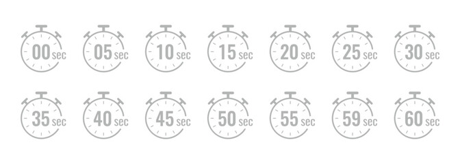 Gray Stopwatch Timer Icons 0 to 60 Seconds clock On Transparent Background