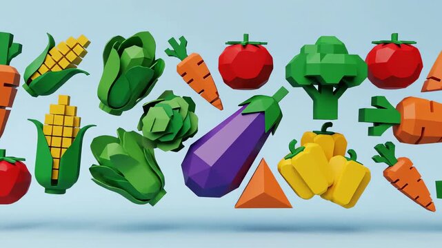 Seamless looping motion graphic animation of stylized geometric vegetable icons transitioning and flowing across a clean minimalist background suitable for digital design vegetable shapes, vibrant