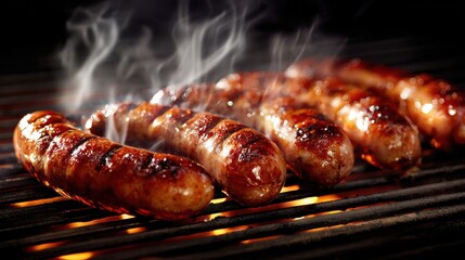 national sausage month grilled sausages sizzling on barbecue grill with smoke rising