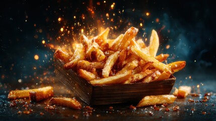 A mouthwatering display of crispy golden French fries in a wooden bowl, surrounded by a burst of sparks, showcasing the irresistible allure of this popular snack food.