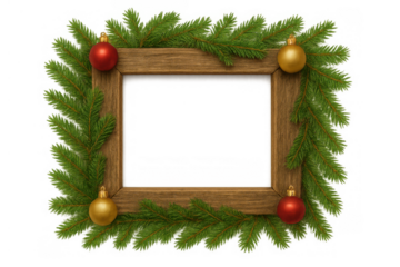 Christmas wood frame with fir branches and holiday ornaments, creating a festive border on transparent background