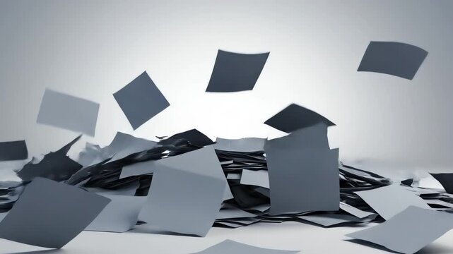 Seamless looping motion graphic animation where a dense stack of gray textured paper rapidly builds up and collapses on a clean gradient background reduction, stack, volume