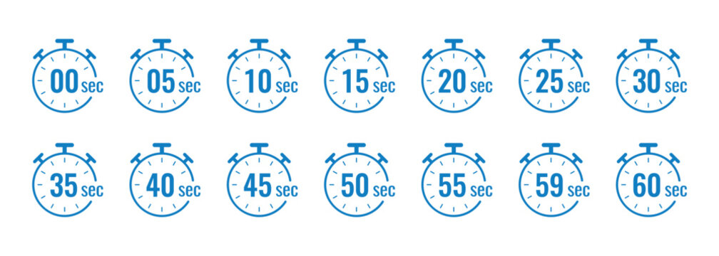 Blue Stopwatch Timer Icons 0 to 60 Seconds clock On Transparent Background