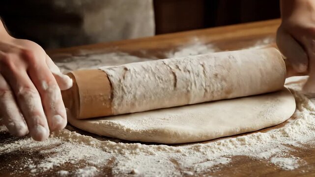 Seamless looping motion of a solid beechwood rolling pin repeatedly flattening a wide section of pliable dough on a surface covered in white flour dust clean, solid beechwood, design element