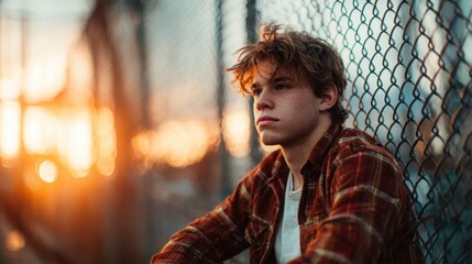 A young man sits pensively against a fence at sunset, capturing a moment of reflection amid the beautiful fading light and warm colors of the evening sky.